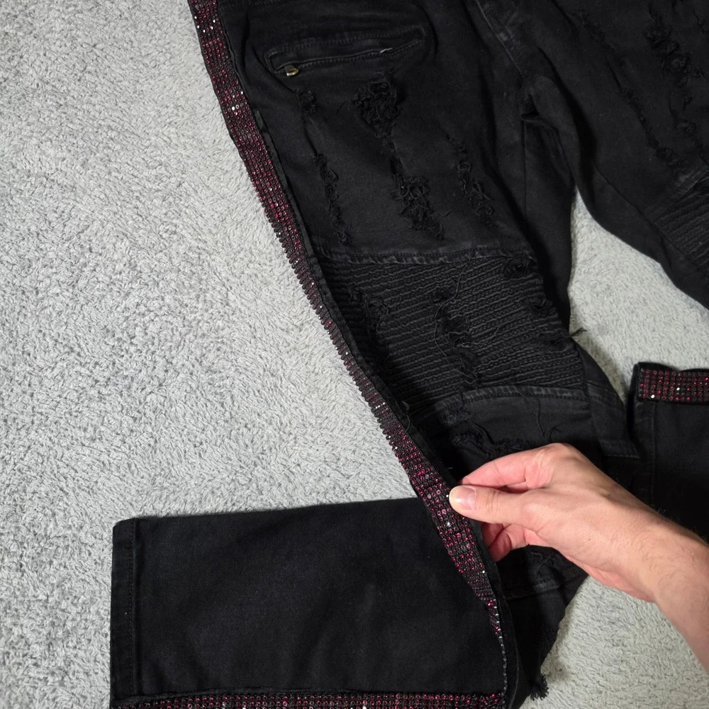 Focus Jeans Mens 36x32 Moto Denim Black Distressed Red Rhinestone Side Stripe